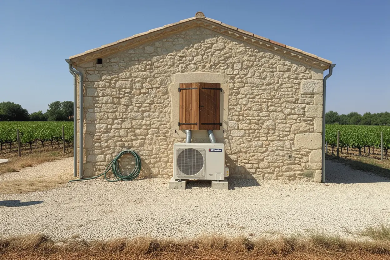 Pompe à chaleur air-eau et unité extérieure installées près de Roquemaure