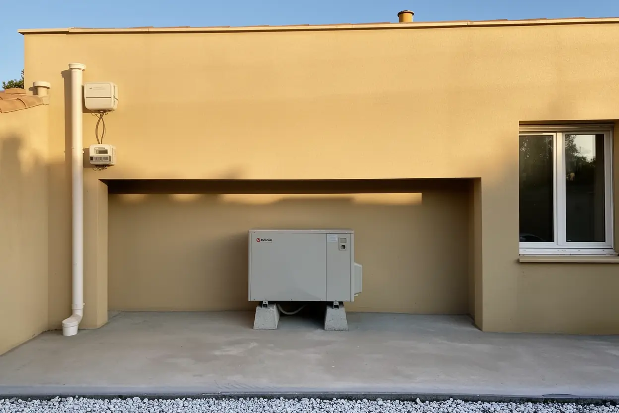 Unité extérieure de pompe à chaleur fixée sur la façade