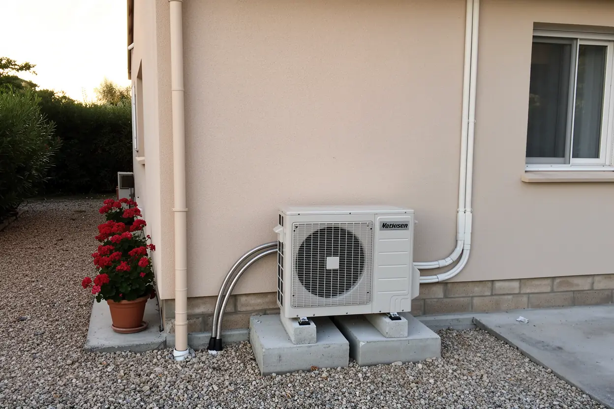Unité extérieure de la PAC installée près des radiateurs conservés