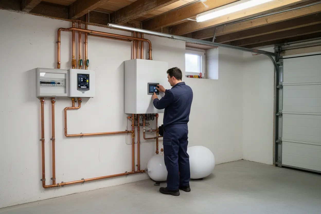 Installateur posant une pompe à chaleur air-eau à Sorgues